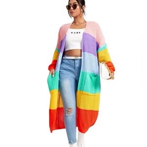 Oversized rainbow color block knit duster cardigan with pockets 2X